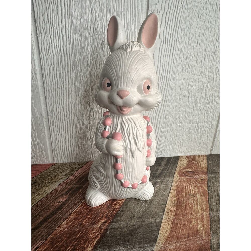 Vintage MCM Kitsch Ceramic White Bunny Rabbit With Pink Necklace 11 in Tall